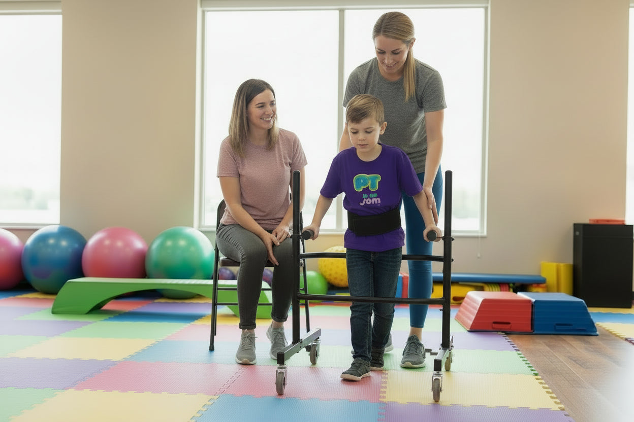 Boy wearing a purple t-shirt with 'PT is my Jam' text on clinic background using a Levity walker