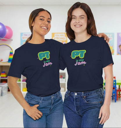 Two people wearing navy blue t-shirts with 'PT is my Jam' text on a clinic background