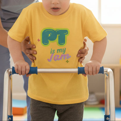 Yellow t-shirt with 'PT is my Jam' text on a child using a walker