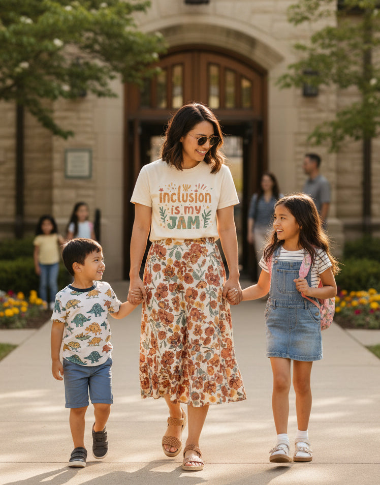 Beige t-shirt with 'Inclusion is my Jam' mom wearing flowery skirt picking up her kids from school holding their hands