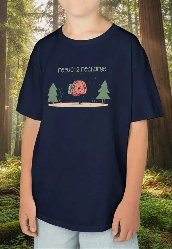 Navy blue t-shirt with a graphic design and text worn by a person on a light yellow background