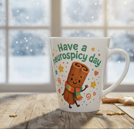 Mug with cartoon character and text 'Have a neurospicy day' on a white winter out the window, background
