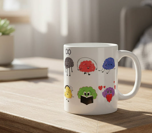White mug with colorful brain illustrations on a wooden coffee table