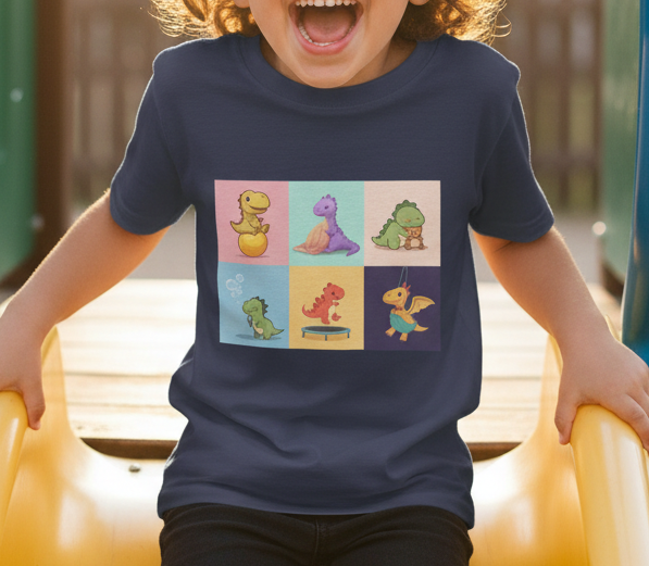 kid going down the slide with curly dark hair with navy blue t shirt and has variety of different coloured dinosaurs in each block on the t shirt 'dinosaur play kids tee'