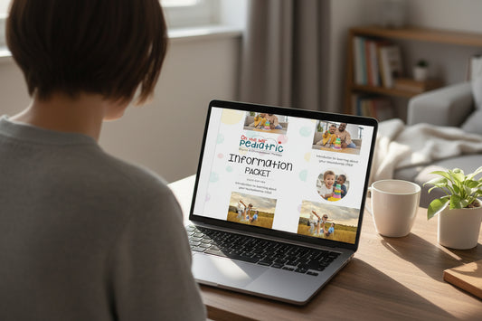 Information packet cover for pediatric physio and occupational therapy with a family photo and text.