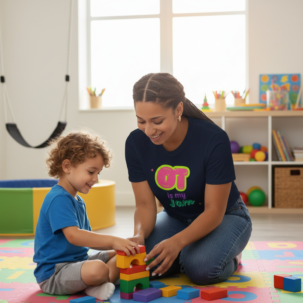 a clinician working with a child, wearing a t shirt that says 'OT is my jam' (exactly like the one I have in this store on shopify)