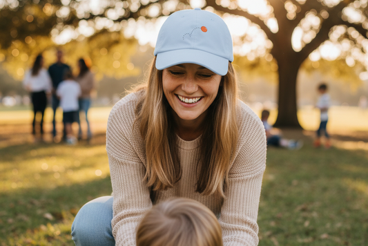 parent wearing the hat (blue hat with bouncing ball embroidered onto the front) 