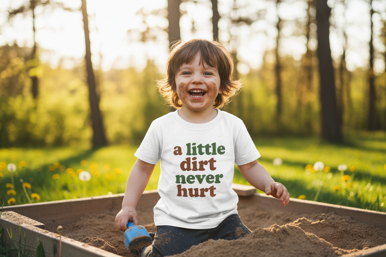 Can you change the writing to 'a little dirt never hurt' in the same font and design as I have as product in my store