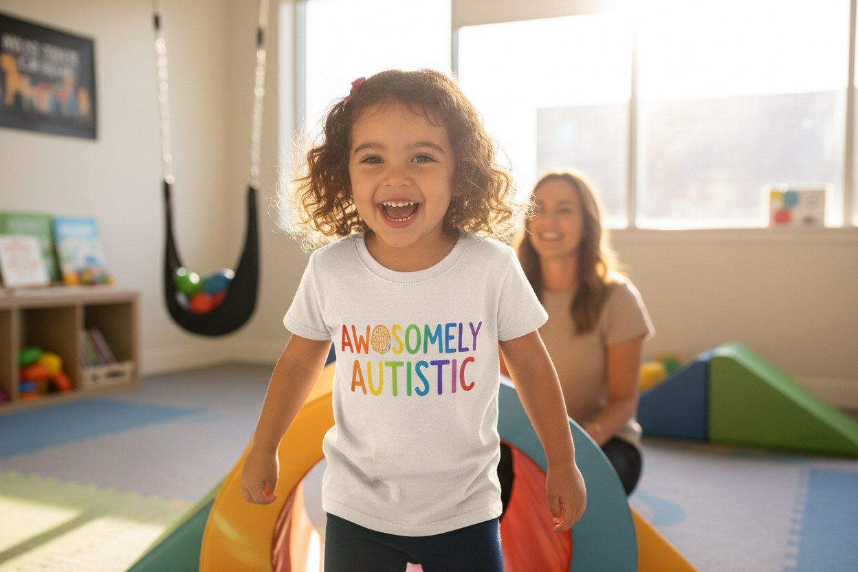 kid playing with awesomely autistic written on her shirt, little girl