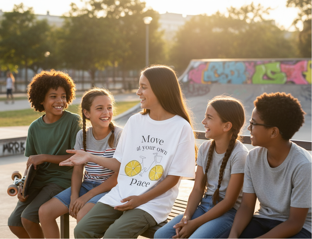 kids at a skateboard park with the t shirt 'move at your own pace' with a bike with lemon wheels' on her white t shirt. She has dark hair and is laughing with her friends.