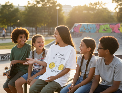 kids at a skateboard park with the t shirt 'move at your own pace' with a bike with lemon wheels' on her white t shirt. She has dark hair and is laughing with her friends.